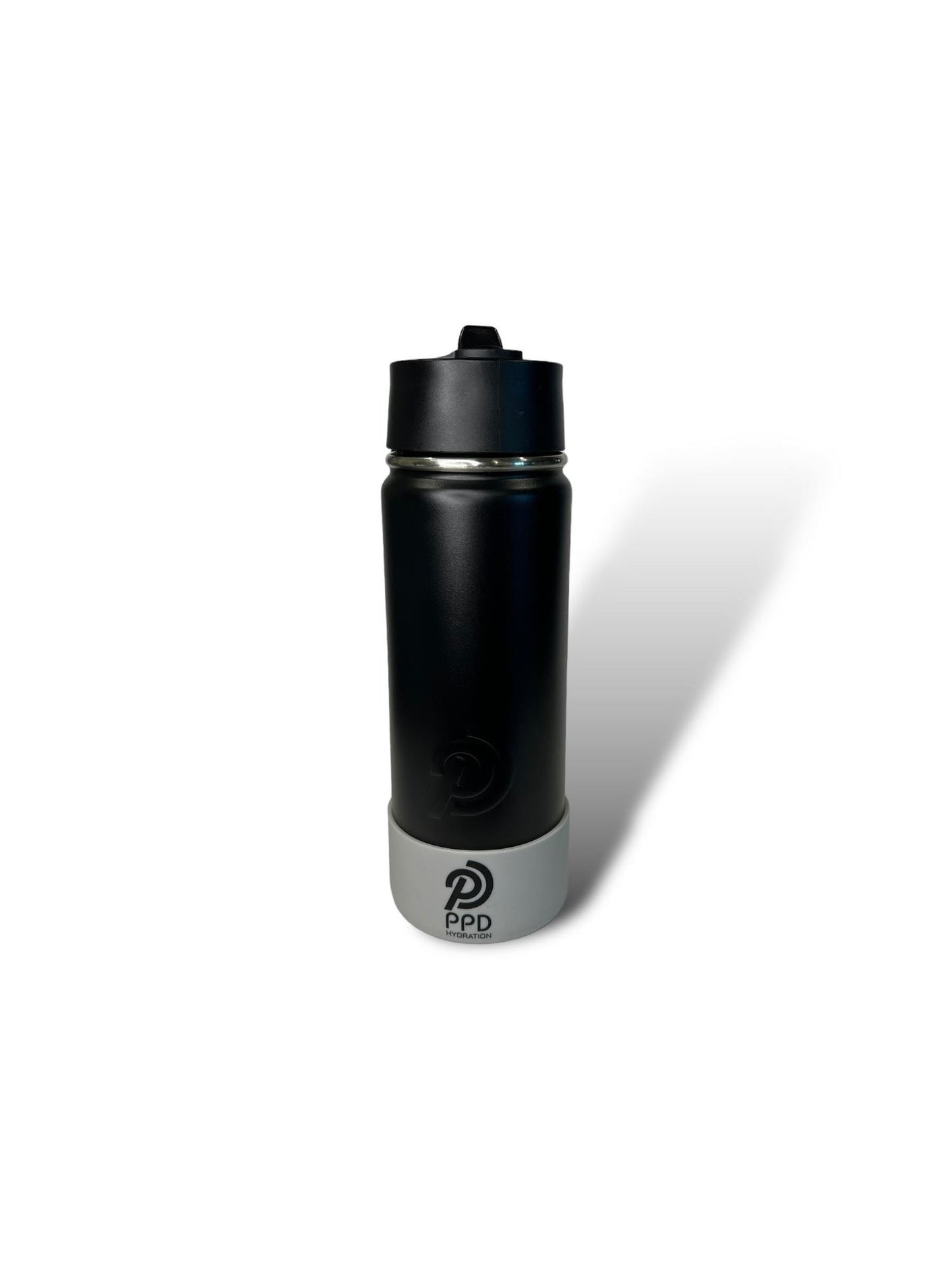 black 750ml 25oz stainless steel double insulated water bottle with white and grey bumper and sports lid with long straw engravable