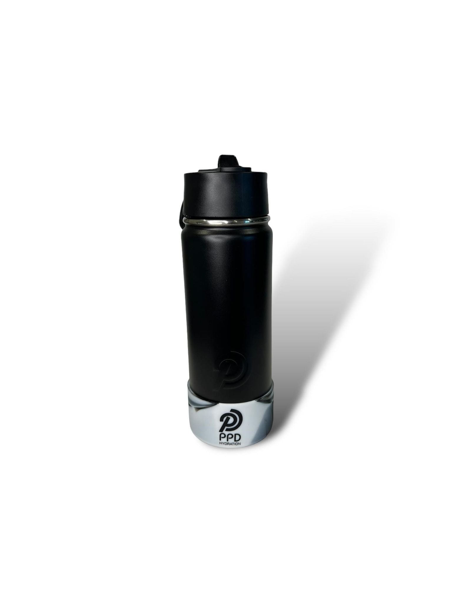 black 750ml 25oz stainless steel double insulated water bottle with white and black bumper and sports lid with long straw engravable