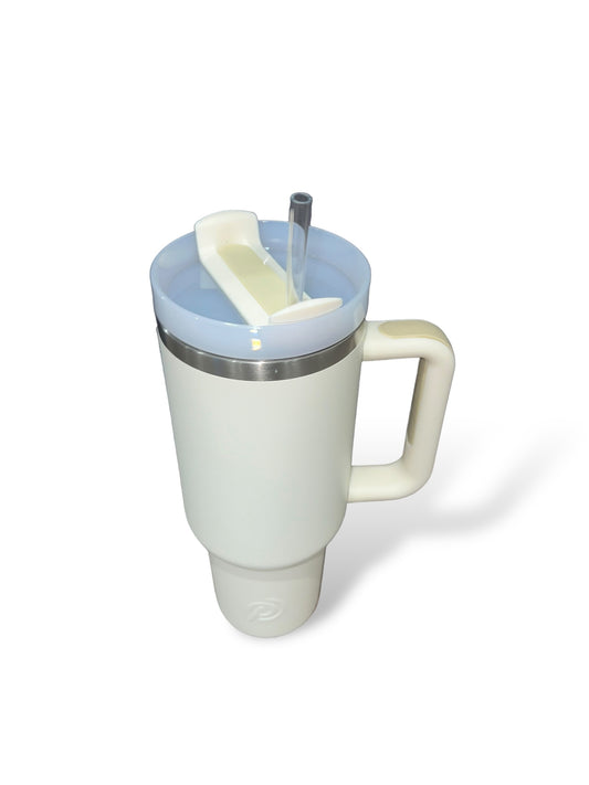 white 40oz tumbler with straw and handle